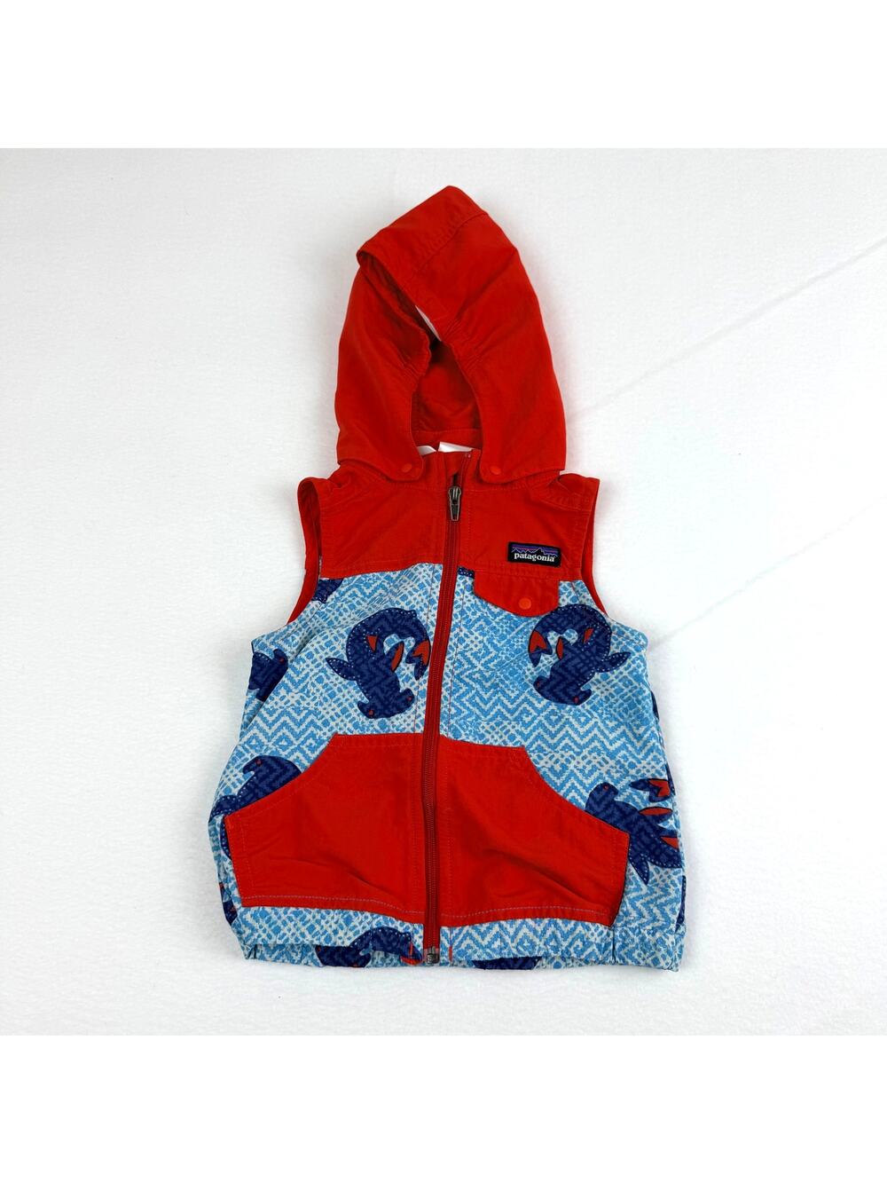 Patagonia 3T Hammerhead Shark Print Nylon Vest Removable Hood Red Blue